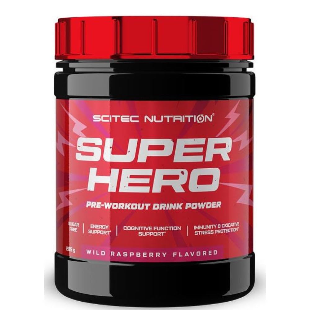 Scitec Nutrition Superhero - Pre-Workout sans sucre - avec Acides aminés - Extraits de plantes - Vitamines - pour l'énergie, la concentration et le soutien immunitaire, 285 g, framboises sauvages