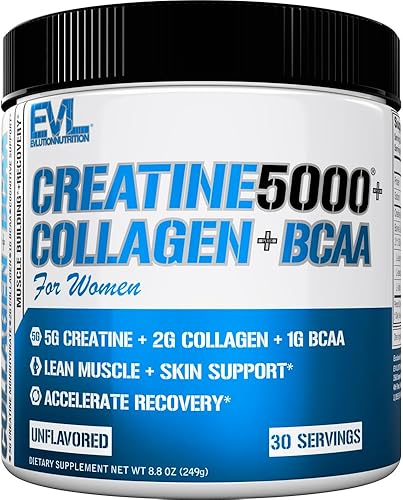 Evlution Nutrition Creatina 5000 + colágeno + BCAA  para mujeres  Apoya el crecimiento muscular magro  0.18 oz de monohidrato de creatina, 0.07 oz
