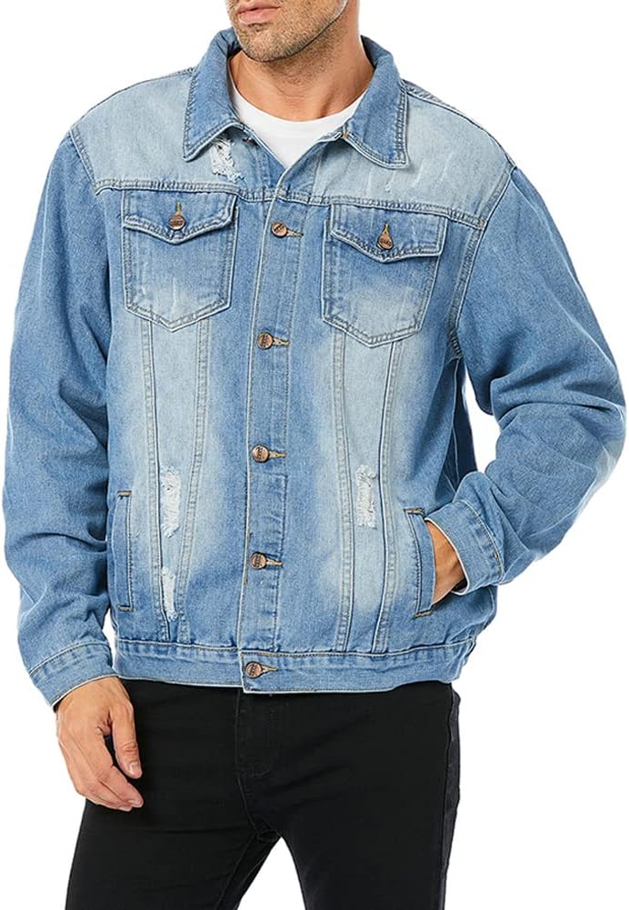 LONGBIDA Men's Jean Jacket Ripped Distressed Denim Trucker Coat with Holes - Image 4