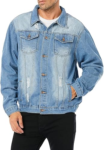 Miniatura 4 de LONGBIDA Chaqueta de mezclilla para hombre, abrigo de camionero de mezclilla desgastada con agujeros