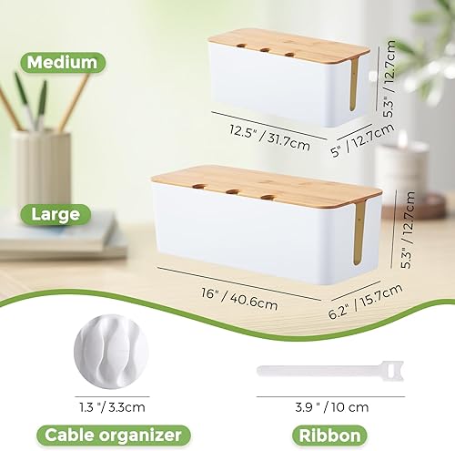 Miniatura 3 de Paquete de 2 cajas de organización de cables, caja organizadora de cables con tapa de bambú, organización de cables debajo del escritorio con 10