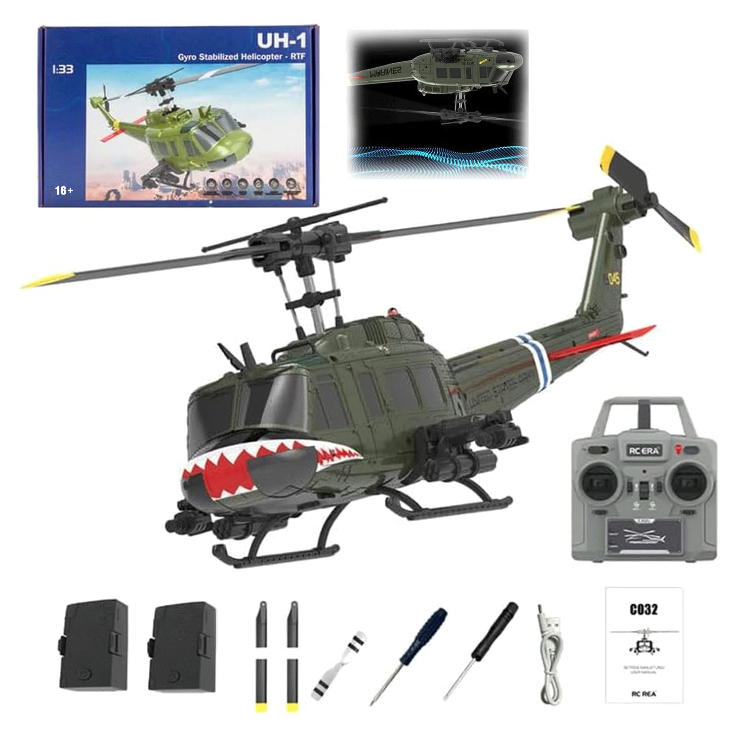 ROUASD RC ERA C032 UH-1 Huey RC Helicopters for Adults Beginners, 1/48 Scale 6CH 2.4G 6-Axis Gyro Remote Control Stabilized Aircraft with 3D Rolling &