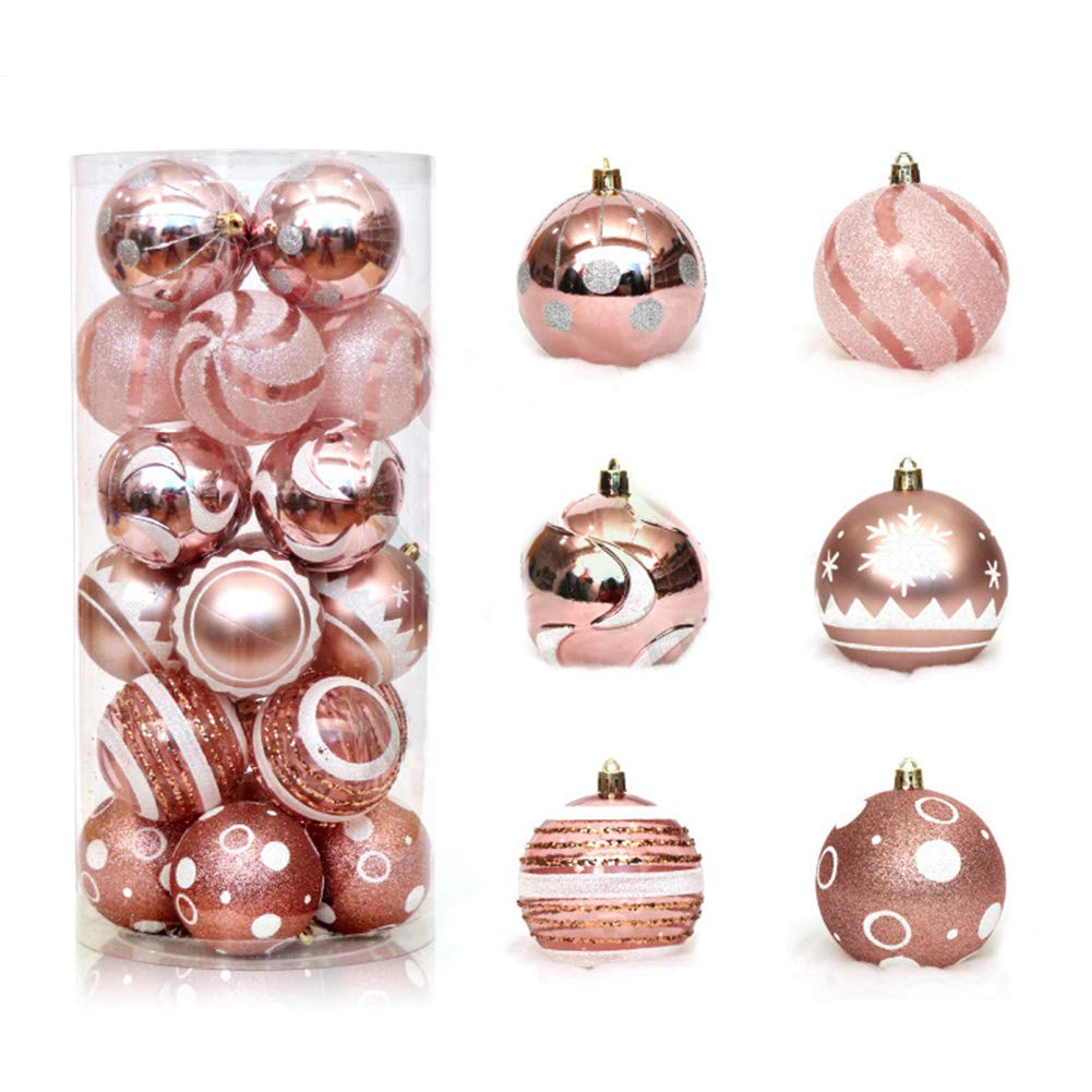 Pveath 24 adornos de bolas de Navidad, multicolor, inastillables, bolas de árbol para decoración de vacaciones, bodas, fiestas, 6 cm, oro rosa