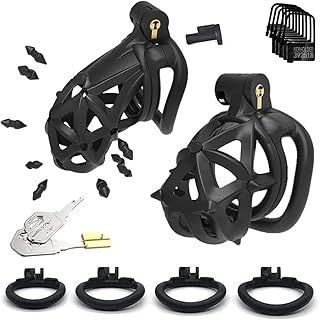 Male BDSM Chastity Device Breathable Cock Cage Upgraded 3D Cage Set with 4 Arc Rings and Removable Soft Spikes, Feel The Pain CBT Men Abstinence Penis Bondage SM Extreme Fetish Sex Toy (S)