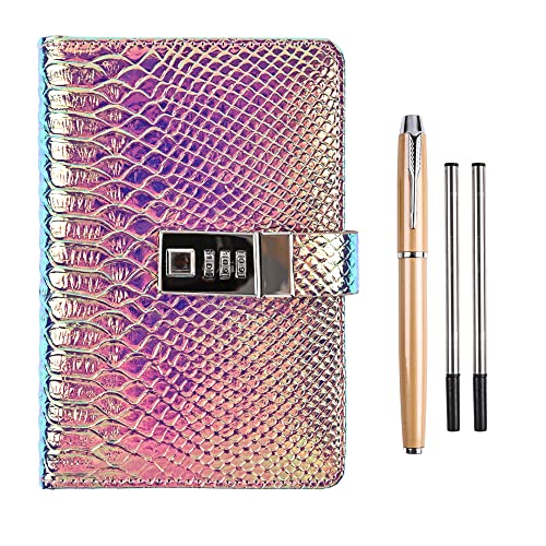 Cuaderno de diario con cerradura, diario de cuero escamoso descolorido, carpeta de 6 anillos de papel forrado recargable, cuaderno de tapa dura de escritura A6 para mujeres y niñas (morado) Cover