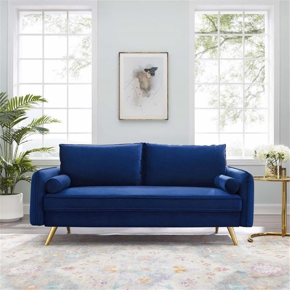Pemberly Row Modern Performance Velvet Sofa, Navy Upholstery, Gold Metal Legs, 72"W x 32.5"D x 33.5"H, Contemporary Living Room Seating, Durable Stain-Resistant Fabric, Includes Two Bolster Pillows