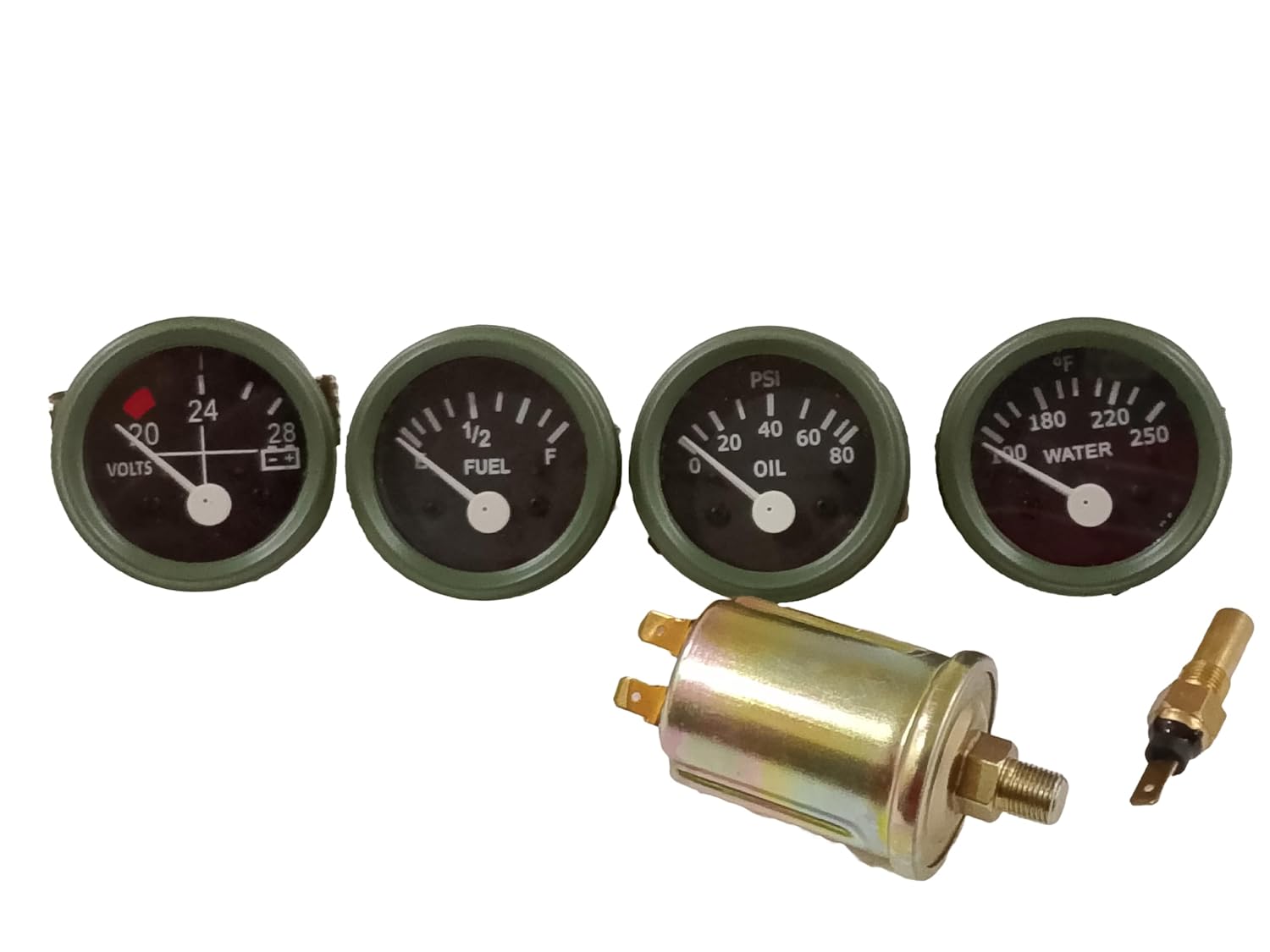 24V Electrical Gauges Set with Sender Water Temp Oil Pressure Fuel and Volt Gauge with Temp and Oil Sender 1/8" / M10x1 Thread 52 mm Olive Green Bezel