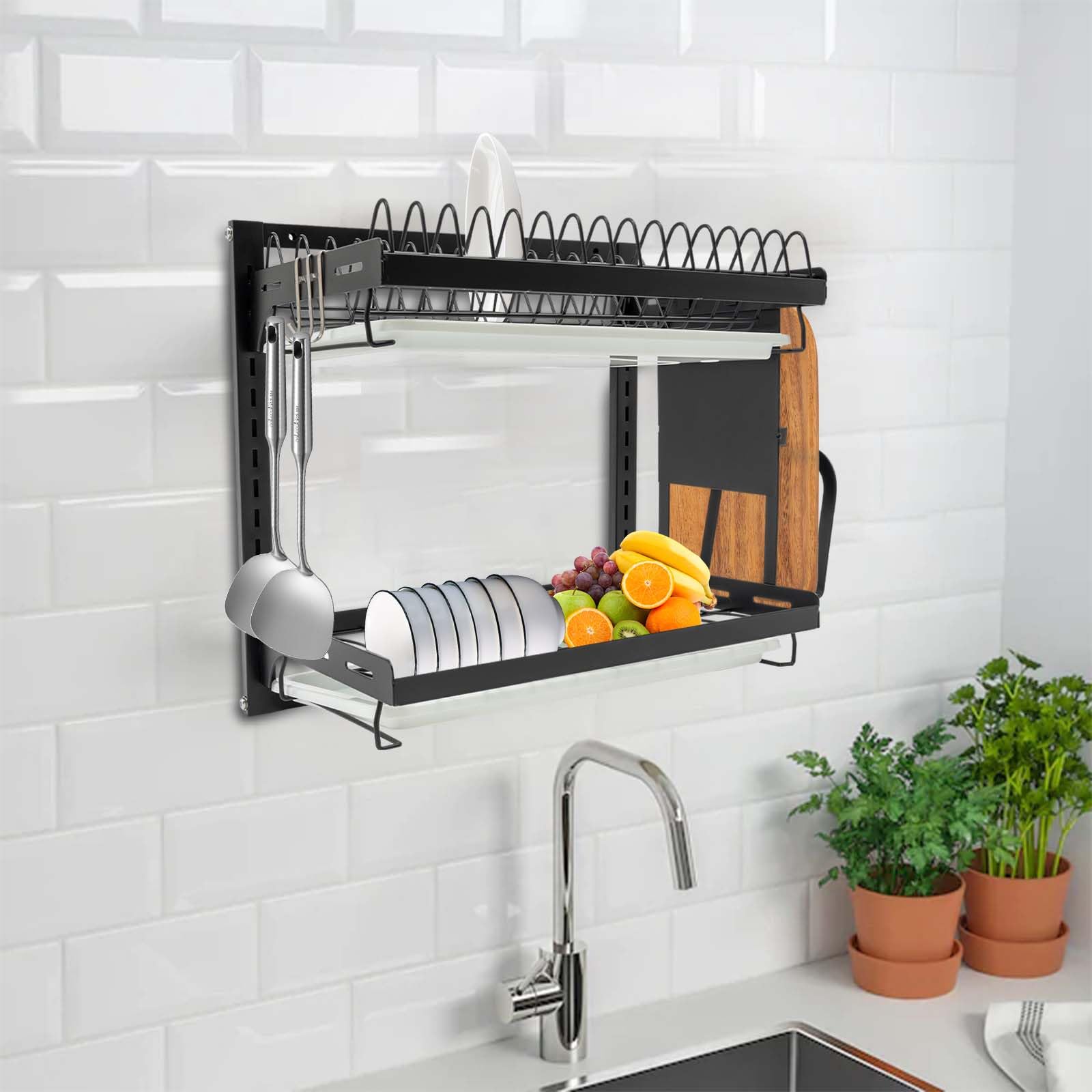 Escurreplatos de 2 niveles, soporte para vajilla, soporte para platos, soporte para platos, soporte para vajilla, estante de pared con organizador de utensilios