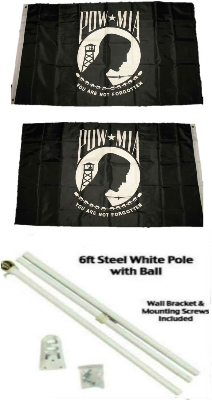 AES Pow Black and White 3'x5' Polyester 2 Ply Double Sided Flag with 6' White Flag Pole Kit with Ball Topper