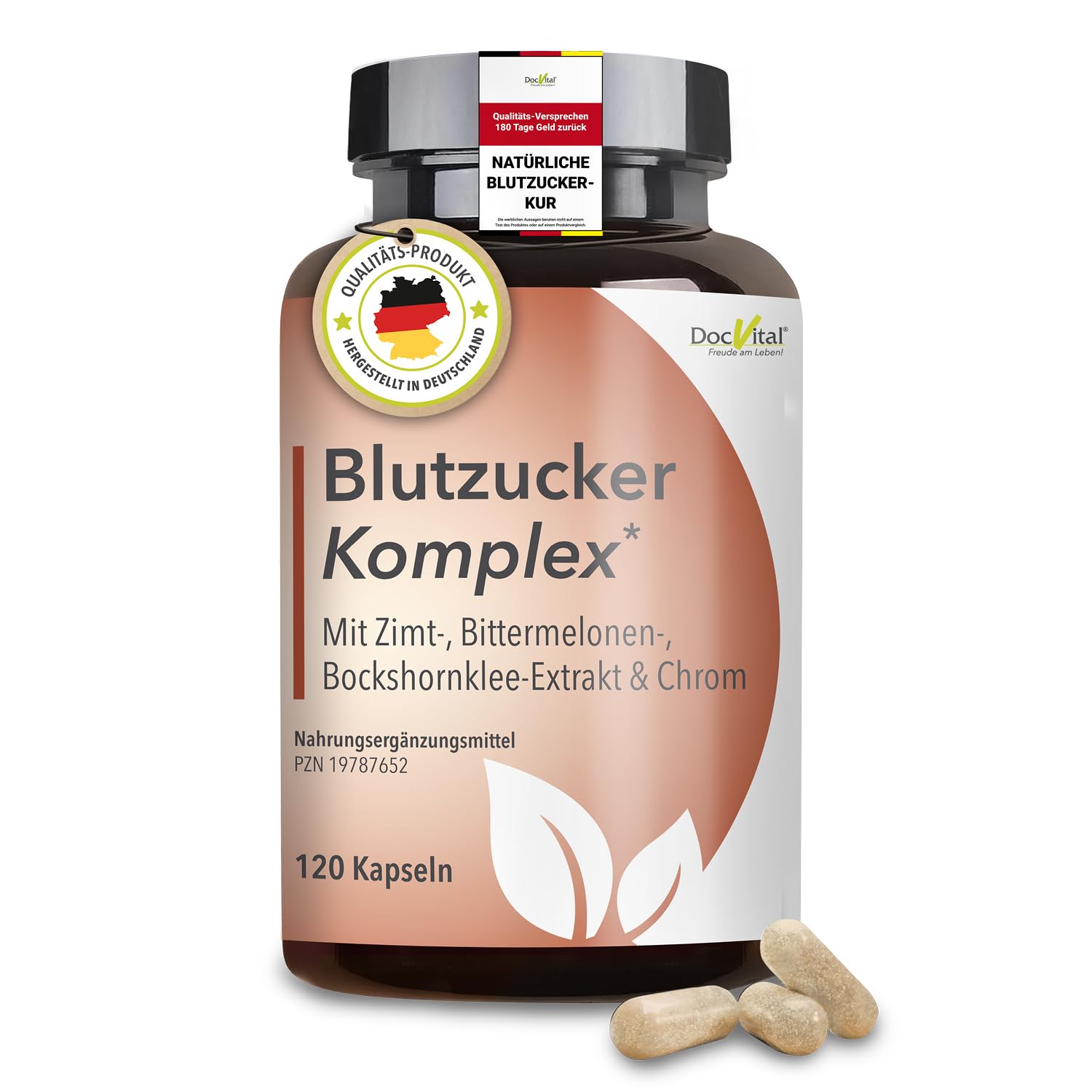 DocVital® Blutzucker Komplex [120 Kapseln] hochdosiert – Unterstützung vom normalen Blutzuckerspiegel* & bei Insulinresistenz – Vegan mit u.a. Ceylon Zimt, Chrom - deutsches Qualitätsprodukt
