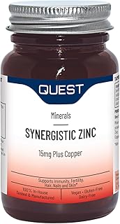 Quest - 90x 15mg Synergistic Zinc with Copper for Immune System Support & Hair, Skin & Nails Booster. Daily Vegan & Gluten Free Zinc Supplements Capsules for Immunity & Antioxidant (Pack of 1)