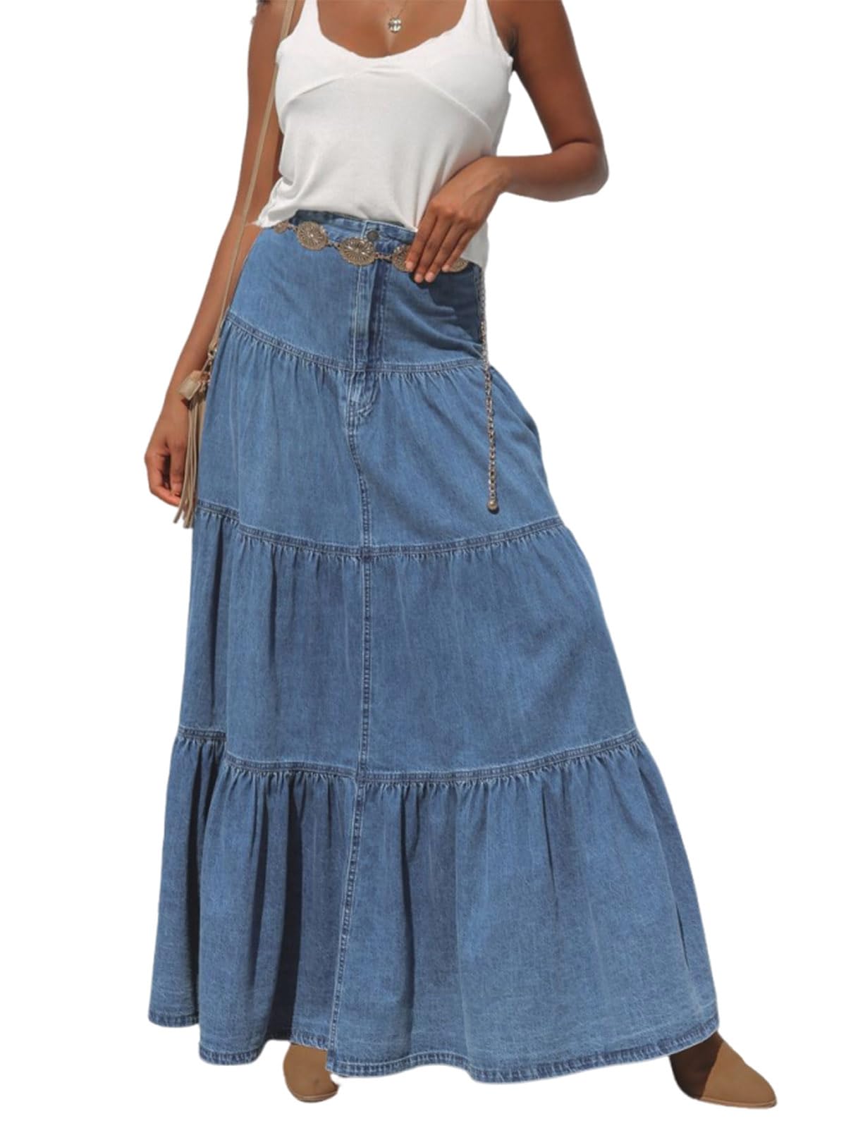 utcoco Womens High Waist Long Denim Skirt Ruffle Tiered Flowy A-Line Jean Maxi Skirt with Pocket