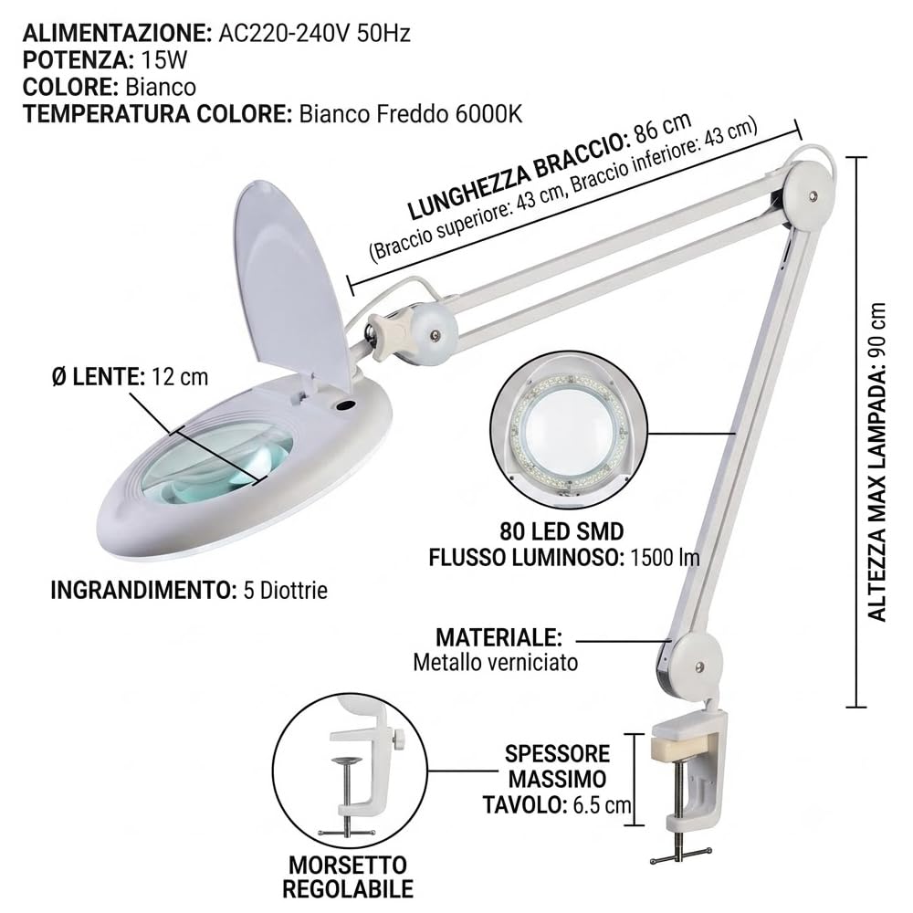 Lampada con Lente Ingrandimento 5 Diottrie Tavolo, Lampada 80 LED SMD 15W Professionale Estetica, Laboratorio e Precisione, Braccio Snodabile Metallo 86cm con Morsetto Scrivania 1500lm