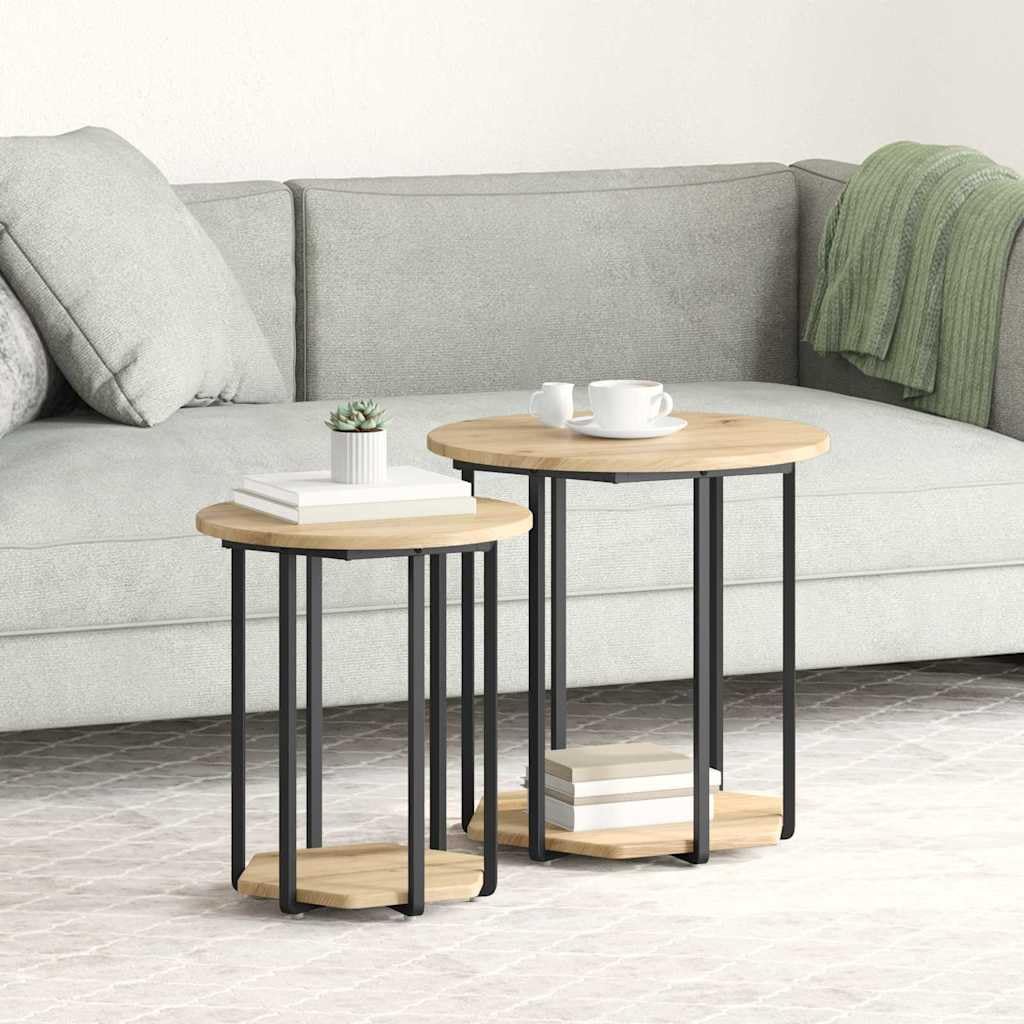 SXZenSpace Industrial Side Table Set of 2 Brown Engineered Wood & Metal Nesting Tables 50 x 50.5 cm for Living Room Bedroom Loft Spaces