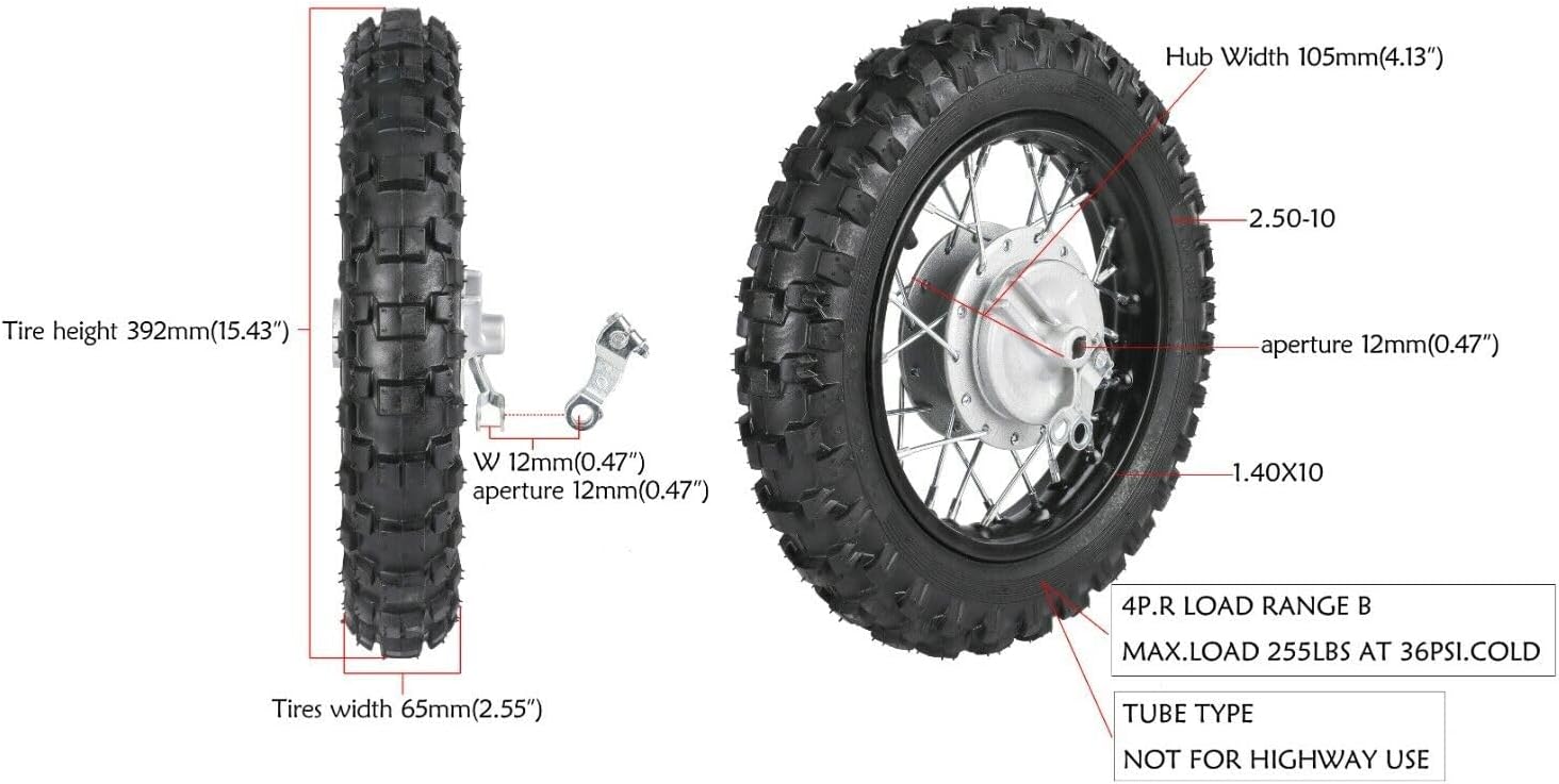 2.50-10 Front Dirt Bike Tire with 1.4x10 Rim 10" Wheel 12mm Axle Drum Brake Pit Bike TTR50 CRF50 XR50 SSR PW50 TTR50E 50cc 70cc 90cc 110cc Off-Road Motorcycle Replacement