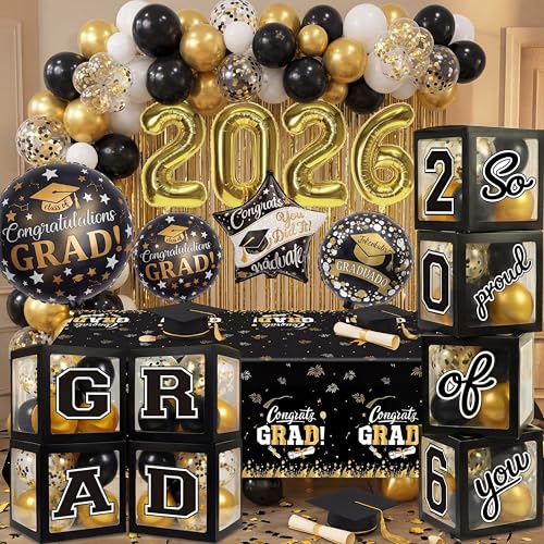 Image of Black and Gold Graduation Decorations Class of 2026 - Graduation Balloon Boxes, Balloon Arch Garland Kit, Fringe Curtains, Party Decorations 2026 for Any Grades