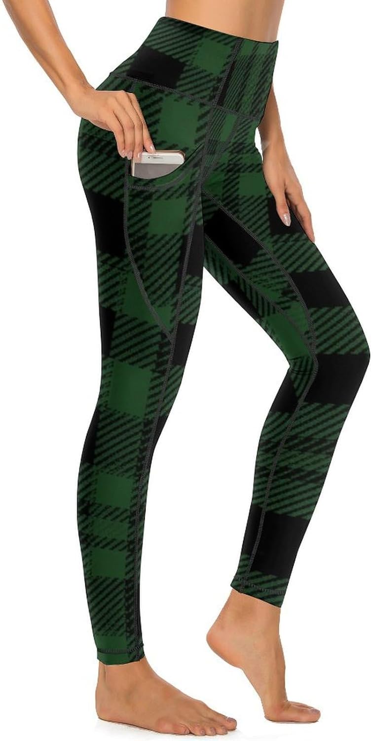 Black and Green Buffalo Plaid Yoga Pants with Pockets for Women High Waist Tummy Control Workout Womens Leggings