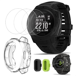 (3+2+1) For Garmin Instinct and Instinct Solar Smartwatch (3pack) Tempered Glass Screen Protectors + (2pcs) Charger Port Anti-Dust Plugs + (1pcs) Protective TPU Case Cover