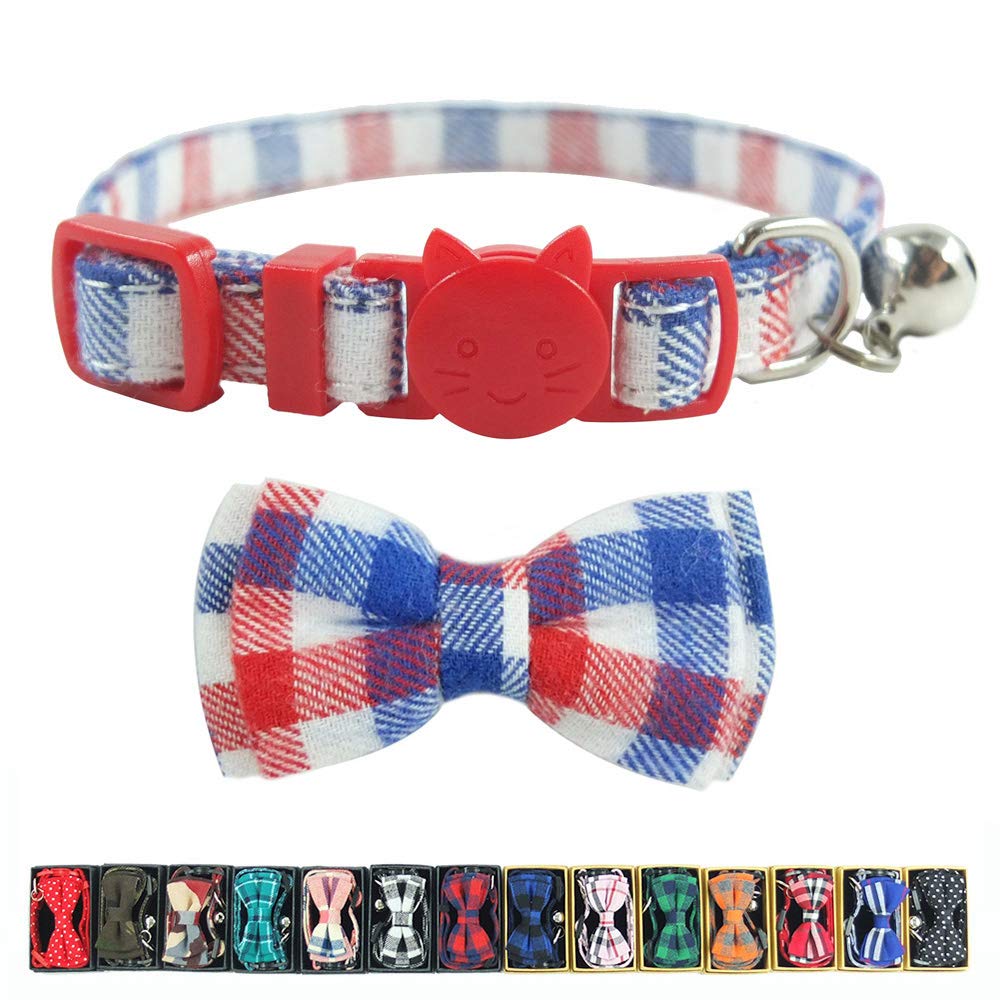 Collier pour chat avec clochette et nœud papillon, motif écossais, collier de sécurité réglable (17 à 27 cm)