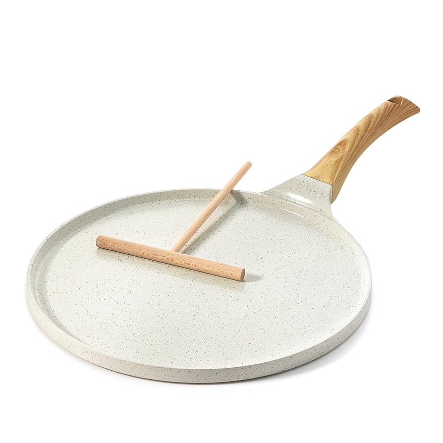 SENSARTE Nonstick Crepe Pan with Spreader, 12-Inch Natural Ceramic Coating Dosa Pan Pancake Flat Skillet Tawa Griddle with Stay-Cool Handle, Induction Compatible (White)