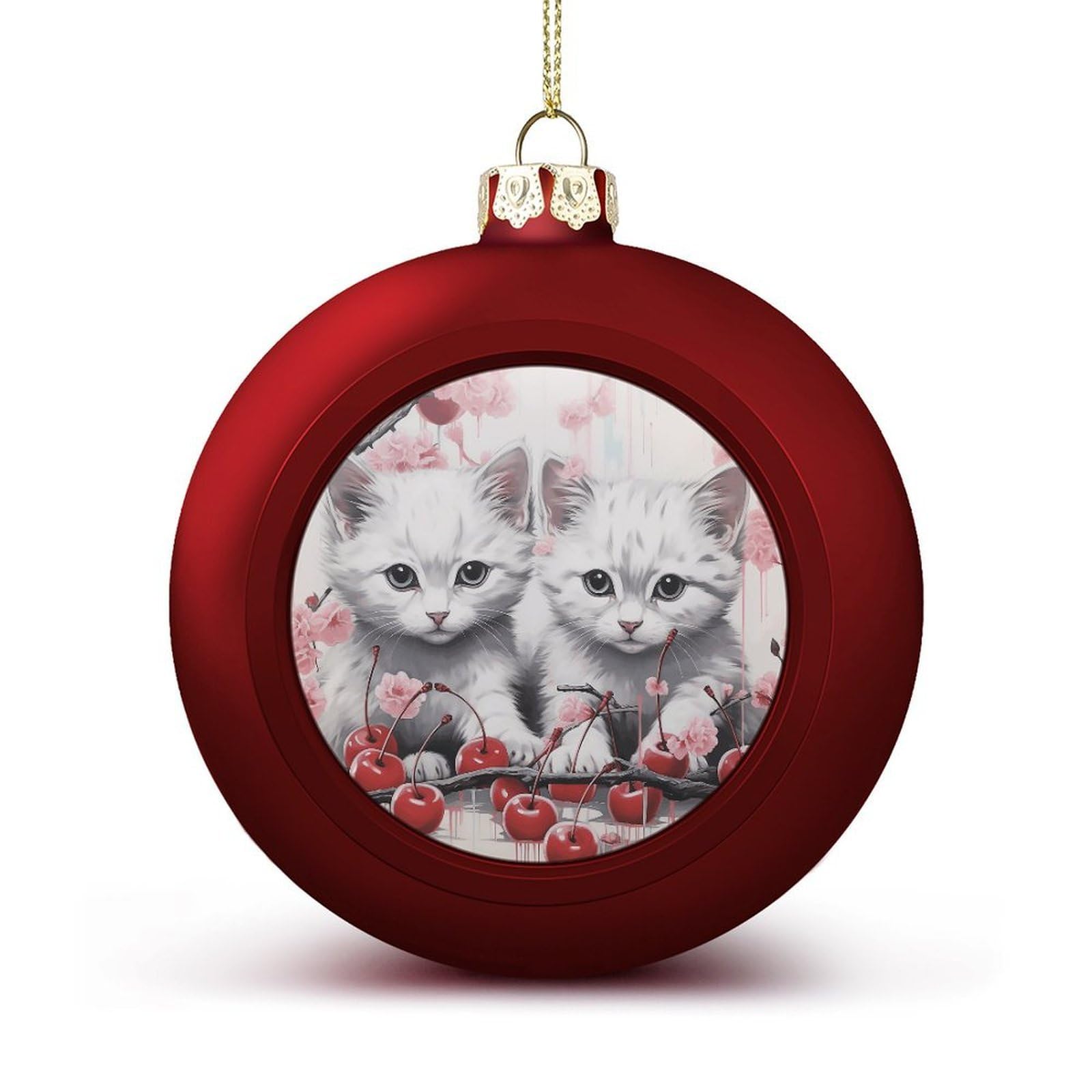 Cat and Cherry Christmas Balls Ornaments for Xmas Christmas Tree 1.6" Hanging Shatterproof Xmas Balls Hanging Decor Pendants for Holiday Party Outdoor Indoor DIY Craft Supplies