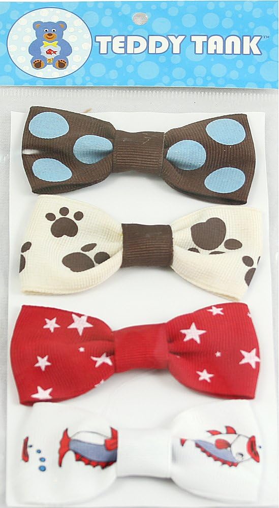 Teddy Tank Toy Accessories 4-Pack Velcro Bows, Fish/Paws/Stars/Polka Dot