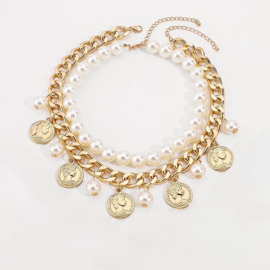 Gold Coin Necklace for Women Chunky Cuban Link Pearl Beaded Layered Necklaces Party Prom Acrylic Large Necklace Set Fashion Prom Jewelry Accessories - Image 6