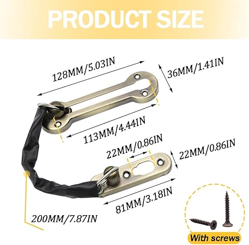 Miniatura 8 de Yosawa 2 protectores de puerta de cadena, pestillo de puerta de cadena de puerta, a prueba de niños, cadena frontal con tornillos, cadena de acero