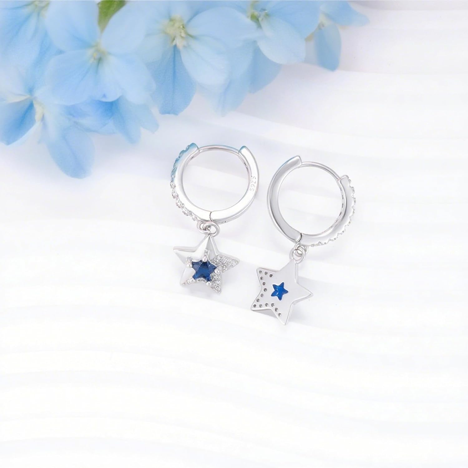 Sterling Silver Blue Cubic Zirconia Star Hoop Earrings CZ Drop Dangle Earrings Dainty Jewelry Gifts for Women Girlfriend Wife Birthday Wedding - Image 4