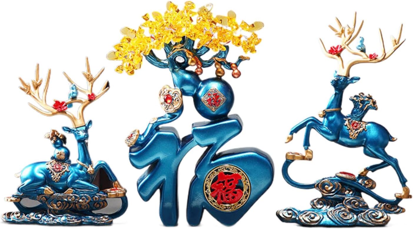 Creative Lucky Deer Ornaments Living Room Entrance TV Cabinet Wine Cabinet Decoration Friends Moving Gifts Housewarming Gifts淘宝蓝色吉祥鹿水晶福字摆件三件套