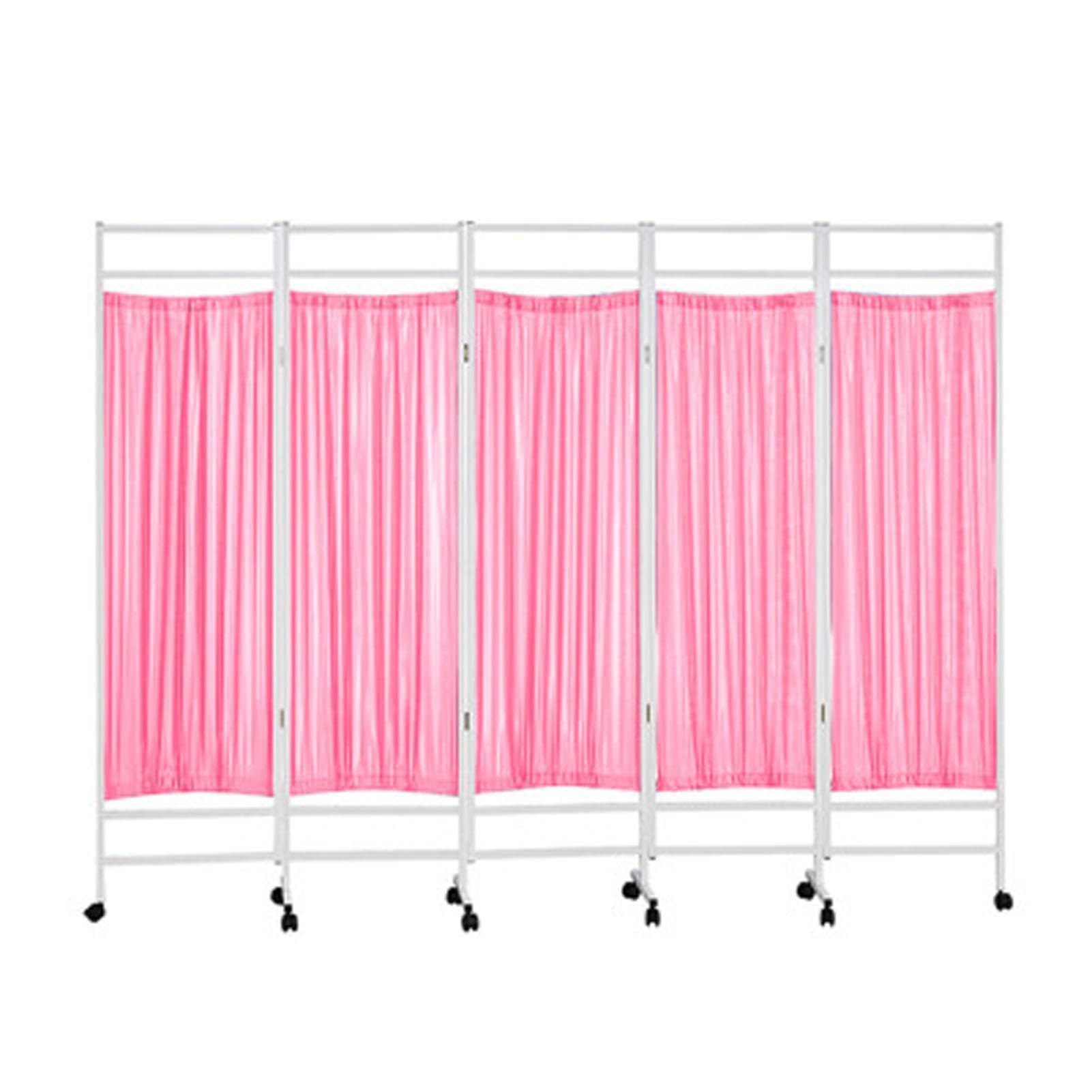 Paravent de séparation de pièce rose à 5 panneaux pliables et mobiles avec roulettes