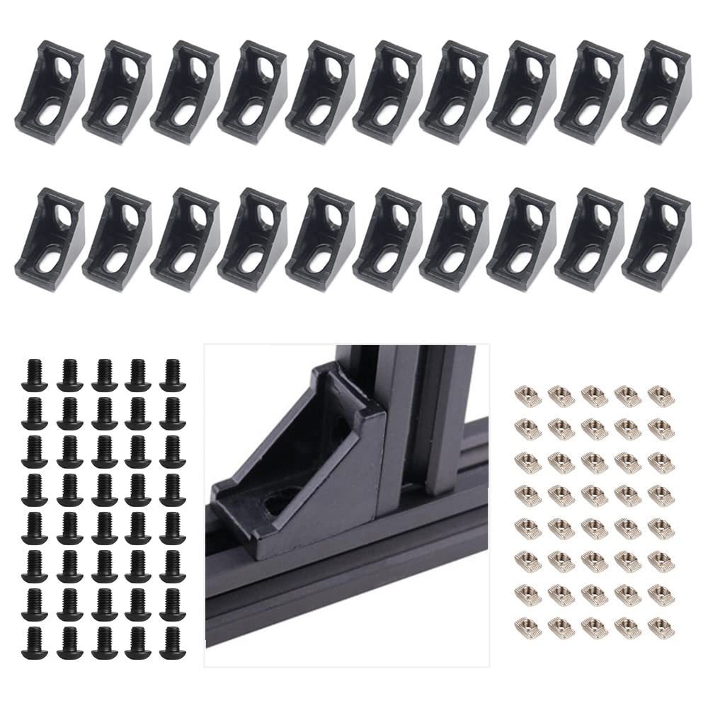 Yeebyee Right Angle Corner Bracket Gusset 2 Hole with M5 Screws and T-Nuts,28mm x 28mm for 6mm Slot 2020 Series Aluminum Extrusion Profile