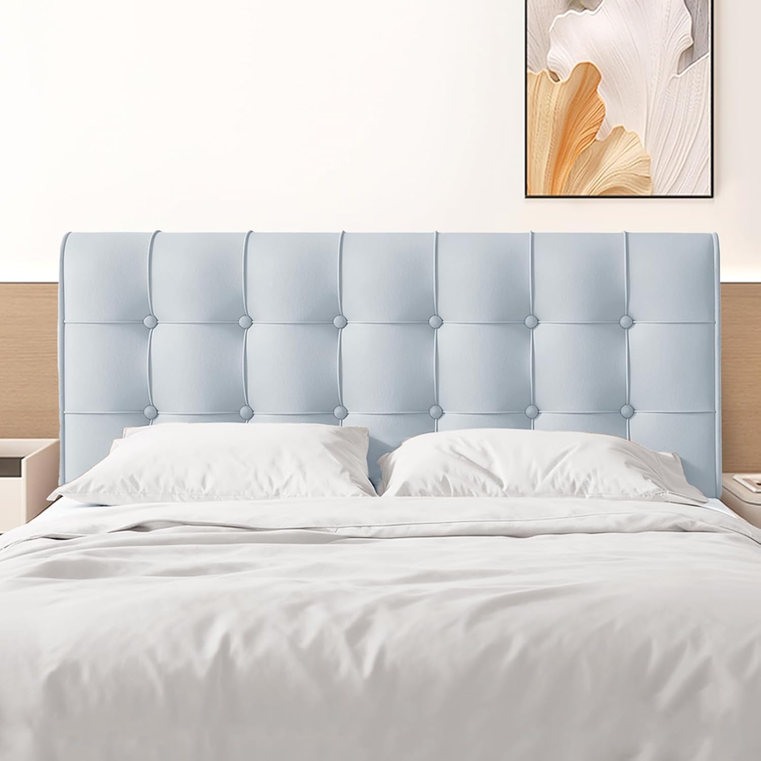 Twin Headboard, Tool-Free 60s Installation - 4" High-Density Foam Upholstered Headboard with Side Pockets, Non-Slip Linen Headboard for Dorm/Renter/Small Bedroom, Cornflower Blue