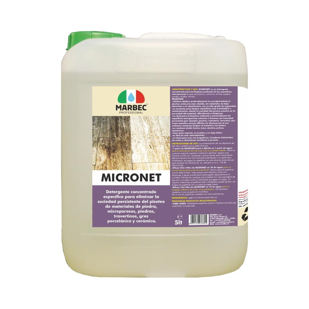 MARBEC MICRONET 5LT Detergente específico para eliminar la suciedad de tráfico en materiales líticos microporosos, como piedras, travertinos y gres porcelánico.