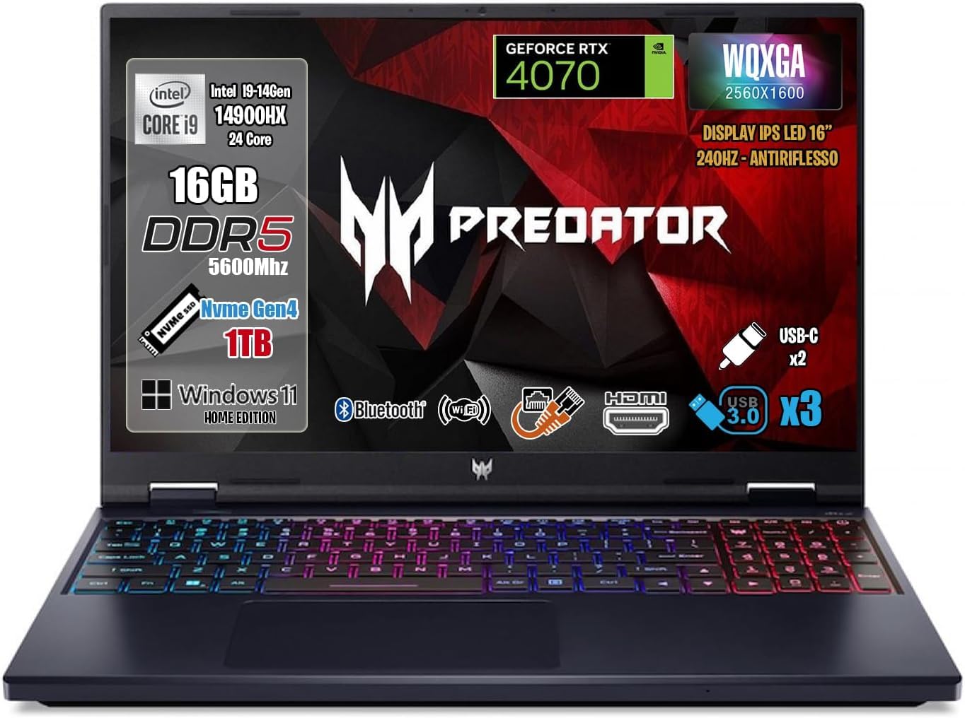 Acer Notebook Gaming Predator Helios Neo 16, Processore Intel Core i9-14900HX, RAM 16 GB DDR5, SSD 1TB PCI,Display 16" WQXGA IPS 240Hz, NVIDIA GeForce RTX 4070 8GB GDDR6, Sistema Operativo Windows 11