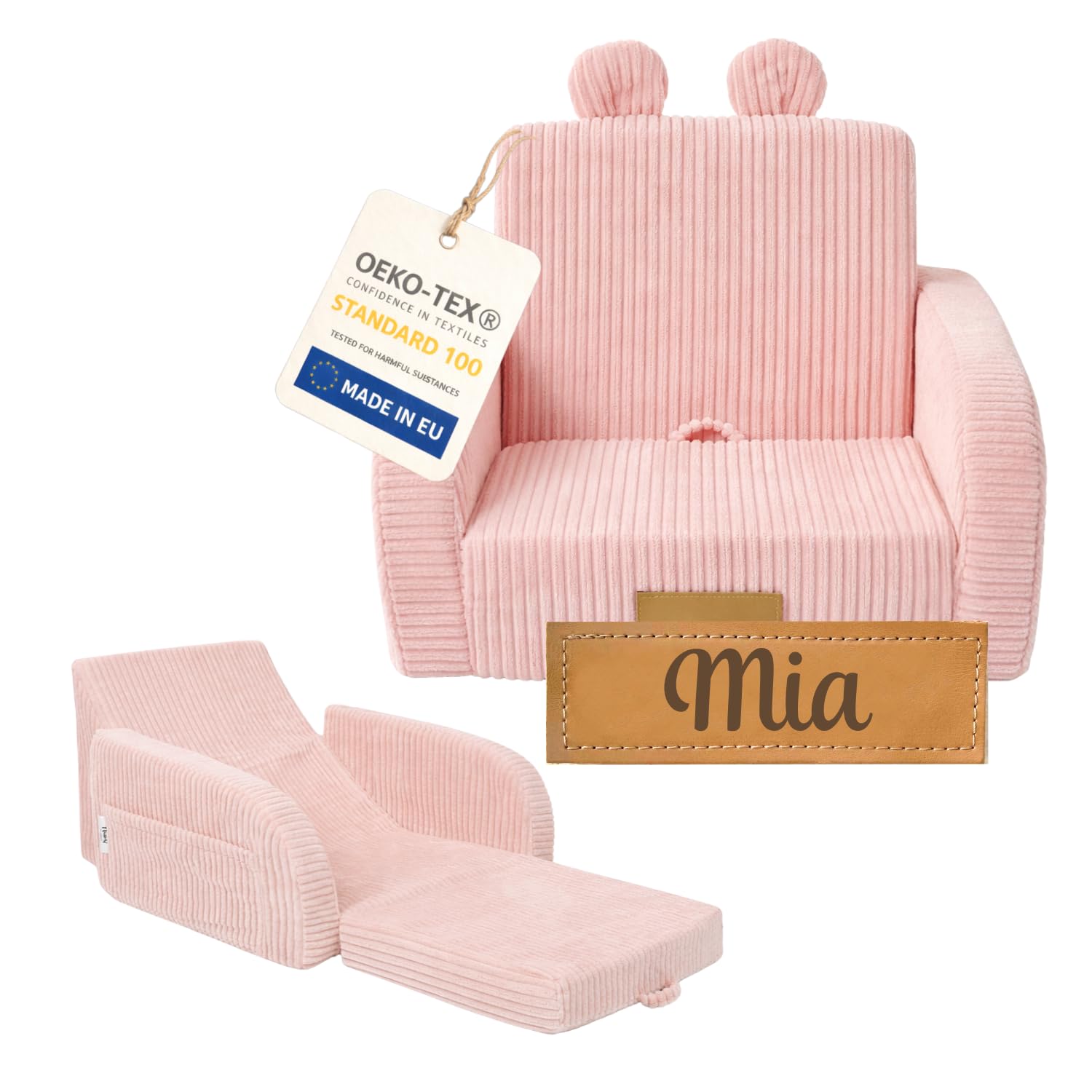 Flumi Kindersessel klappbar personalisiert mit Namen, Kindersofa ausklappbar mit Liegefunktion, Kinder Couch für Kinderzimmer (Cord rosa)