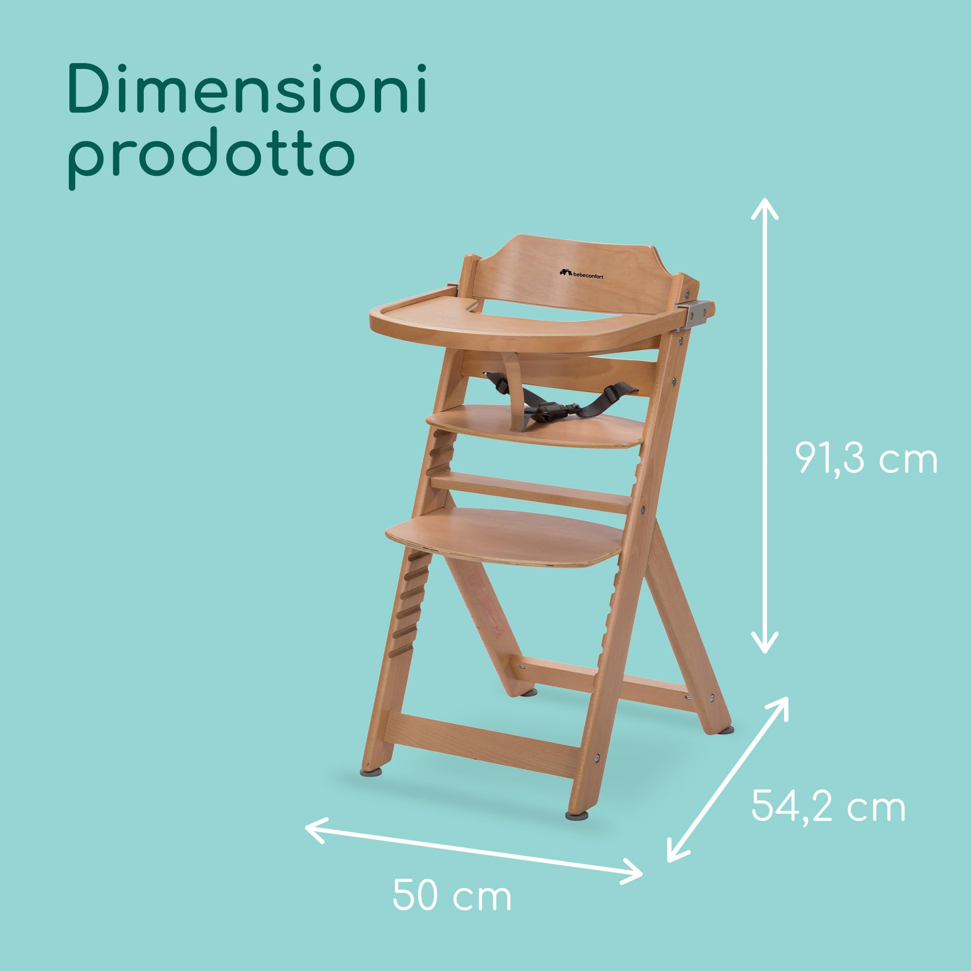 Bebeconfort Timba Seggiolone Evolutivo in Legno naturale, 6 mesi-10 anni, 30 kg, Seggiolone Pappa per bambini, con Vassoio, Seduta e poggiapiedi regolabili, compatibile con sdraietta Timba Baby