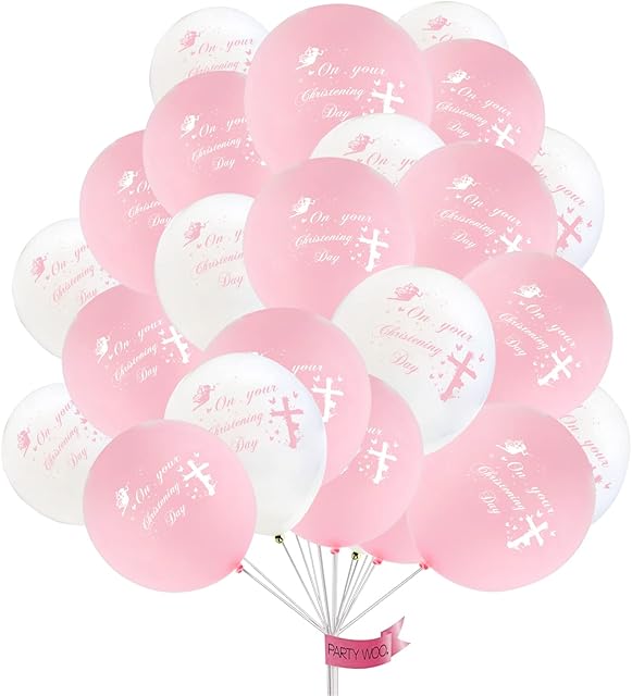 12Pcs Christening Balloons Girl Christening Balloon Pink Decorations for Girls On Your Christening Day Baby Shower Fairy Cross Birthday Church Latex Balloon Pink and White Party Supplies