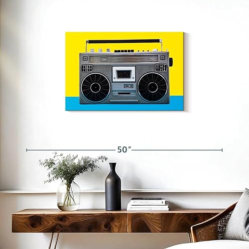 Miniatura 3 de ElephantStock - Retro Silver Boombox Wall Art - Horizontal Canvas Wall Art - Living Room Wall Decor - Photography Music Canvas Art - Yellow And