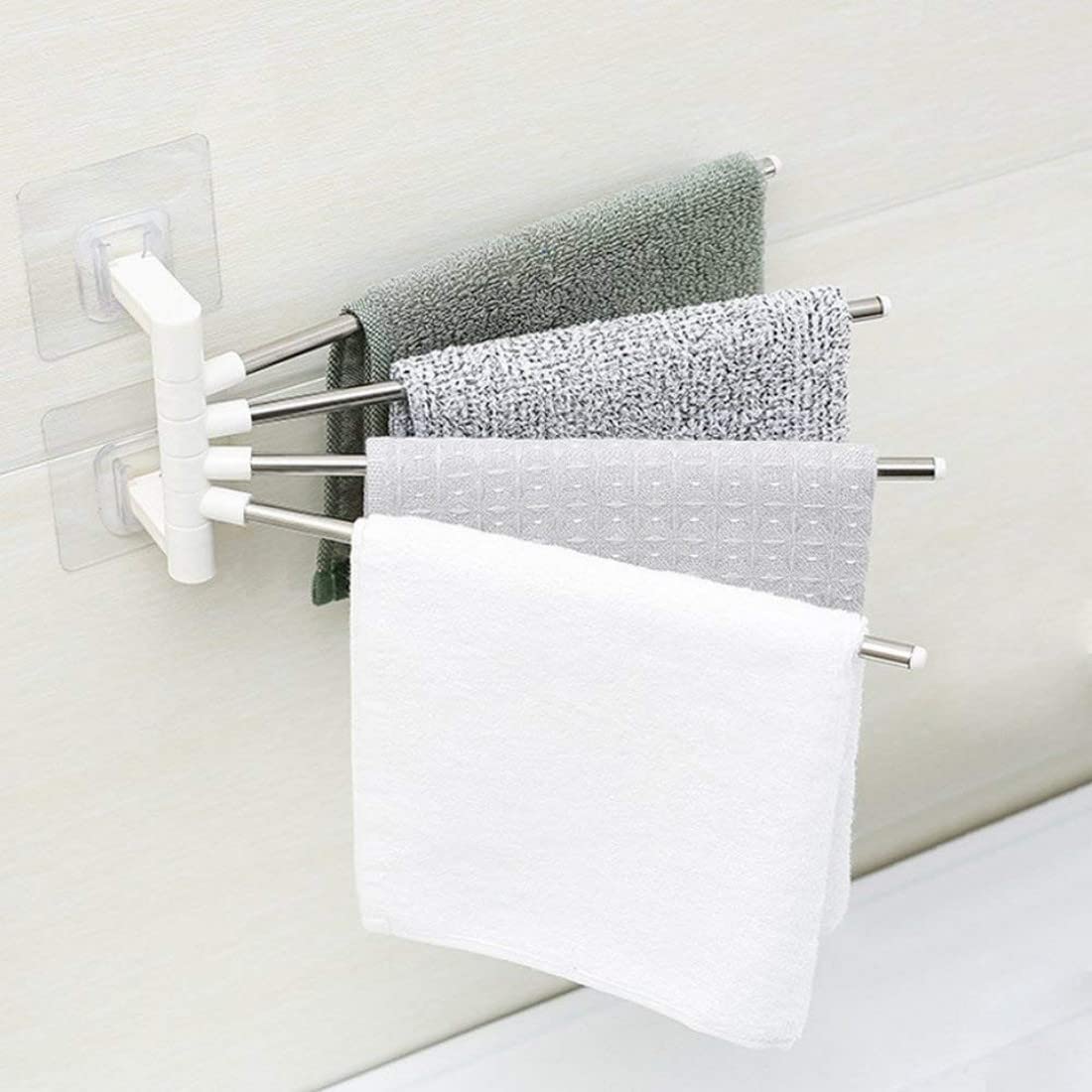 MOJIBE Steal Stainless Steel Self Adhesive 4 Arm Bathroom Swing Hanger Towel Rack (Silver)