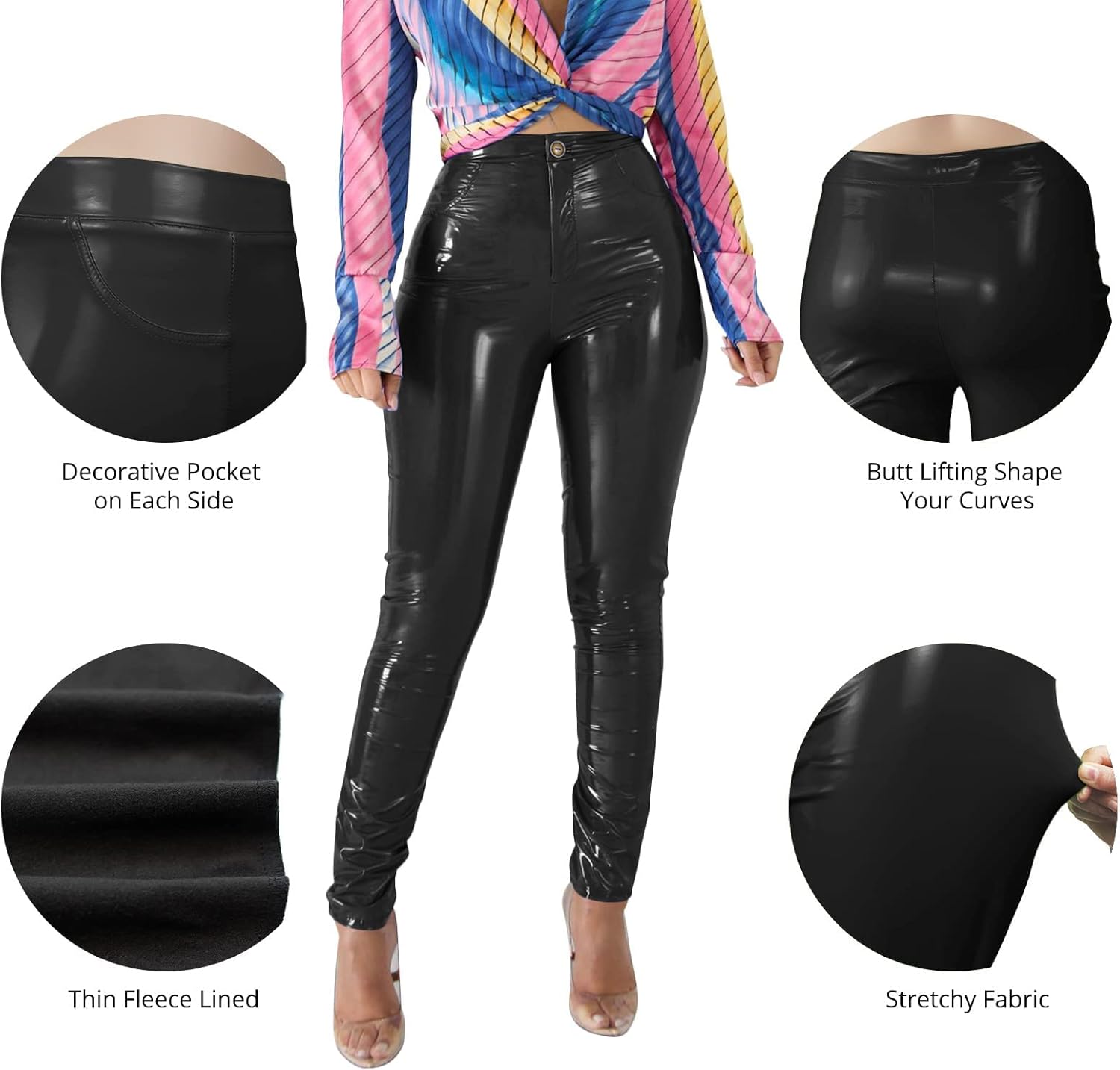 Baonmy Leather Pants for Women Faux Leather Leggings Winter Fleece Lining High Waist Leather Pant - Image 4