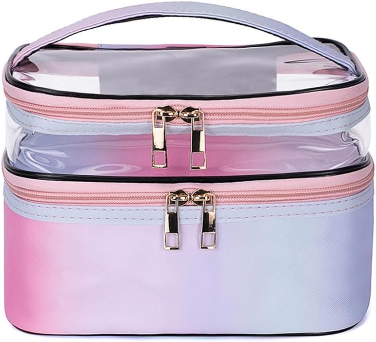 FITINI Makeup Bags Double Layer Travel Storage Cosmetic Cases Make-up Organizer Toiletry Bags Water-resistant Vegan Leather for Women Makeup Brush Bag,Gradient Purple