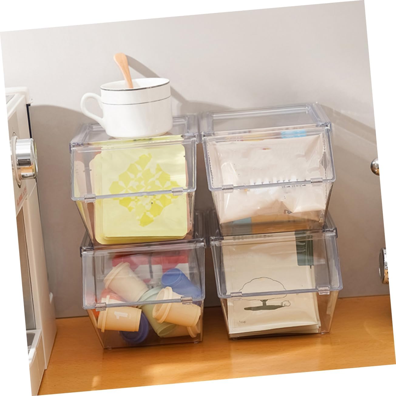 SOLUSTRE 4pcs Tea Bag and Coffee Organizer Set Acrylic Storage Box with Lid for Tea Bags Sugar Packets and Snacks Stylish and Space-saving Desktop Holder