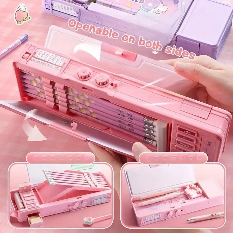 Image of New Cartoon Theme Pencil Box with Push Pull Eraser Set for Kids | Suitcase Style Password Lock Stationery Organizer | School Supplies Gift Combo for Boys & Girls (Pink Beauty Compass + Eraser)
