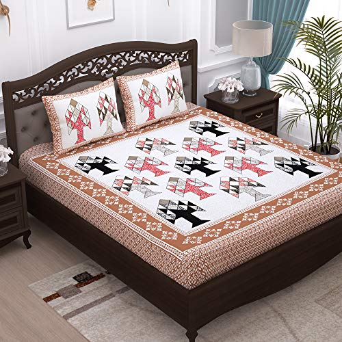 Image of Story@Home Pandora Collection 152 TC 100% Cotton Bedsheet for Double Bed with 2 Pillow Covers (90 X 108 Inch, White & Light Brown)