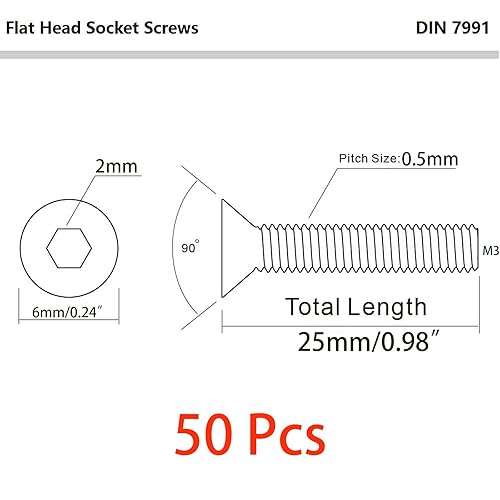 Miniatura 2 de 50 tornillos de cabeza plana M3-0.020 x 0.984 in, acero inoxidable 18-8 (304), acabado brillante, llave Allen, tornillos de máquina