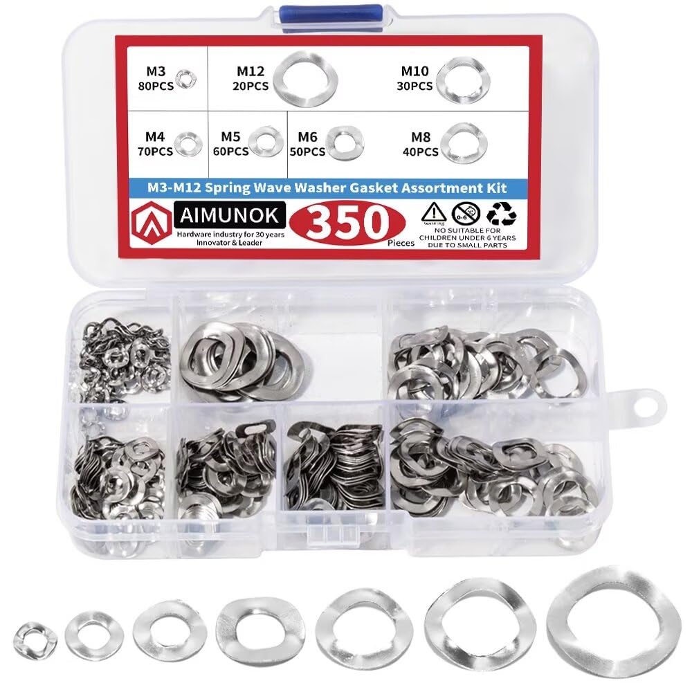 350PCS Spring Wave Washer Gasket Assortment Kit, M3 M4 M5 M6 M8 M10 M12 Wavy Wave Crinkle Spring Washers Sets, 304 Stainless Steel Metric Wave Spring Washer for Screw Bolt