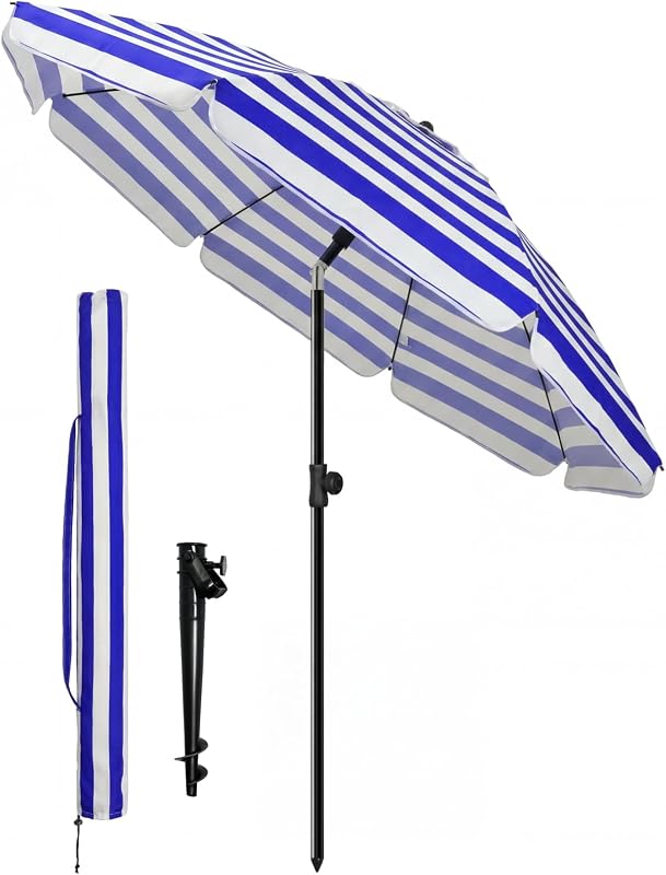 Umbrelă de soare VOUNOT 200 cm, înclinabilă și reglabilă pe înălțime, protecție UV 50+, dungi albastru-alb, cu geantă de transport, pentru grădină, terasă, plajă