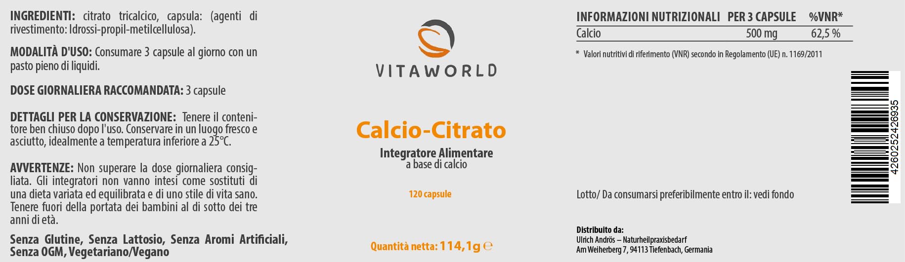 Vita World Pack di 3 Citrato di calcio 500mg 3 x 120 Capsule, Vegano Produzione farmaceutica in Germania