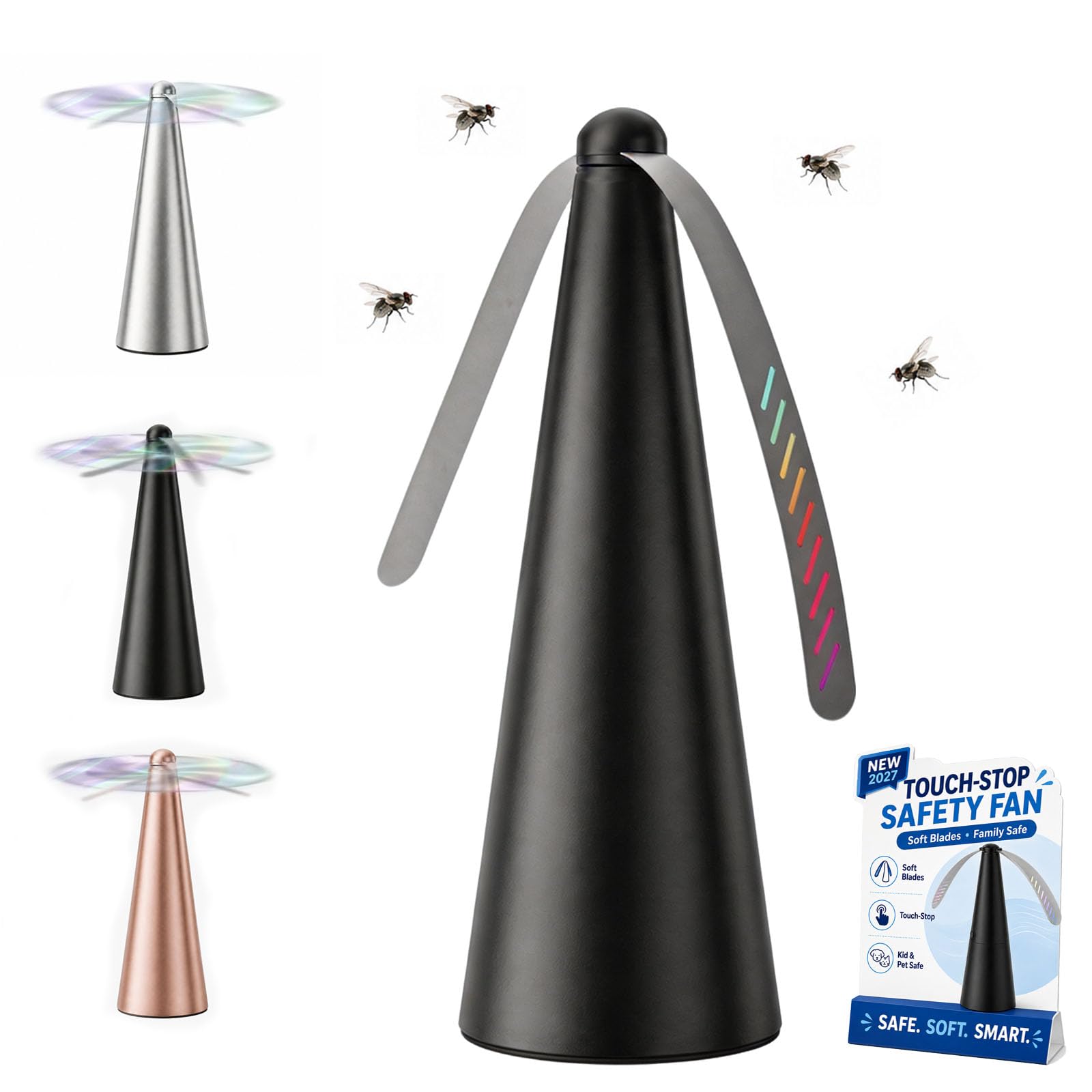 Fly Fans for Tables, USB Rechargeable Fly Deterrent for Table, Double Side Soft Holographic Blades, Portable Effective Fly Repellents Fan for Indoor & Outdoor Picnic, Party Use (Black)